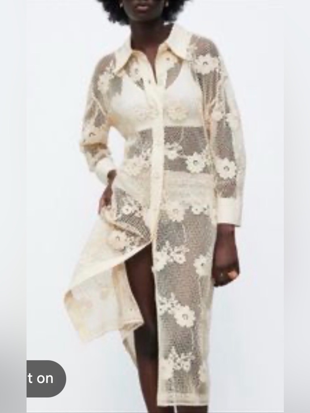 Zara 100 cotton Cream Crochet Button-Front Shirt Dress